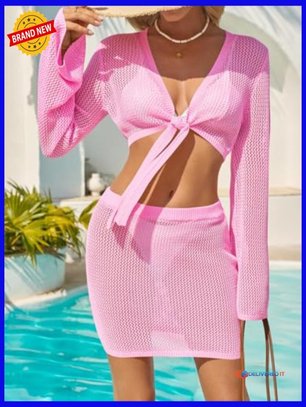 Crochet 2 Piece Swimsuit Cover Up Set Crop Top Mini Skirt - Picture 4 of 7